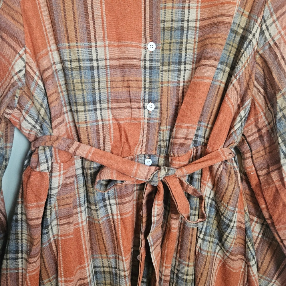 Plaid Flannel Button Front Midi Shirt Dress Sz 4XL Plus Orange Brown Belted - Picture 3 of 8